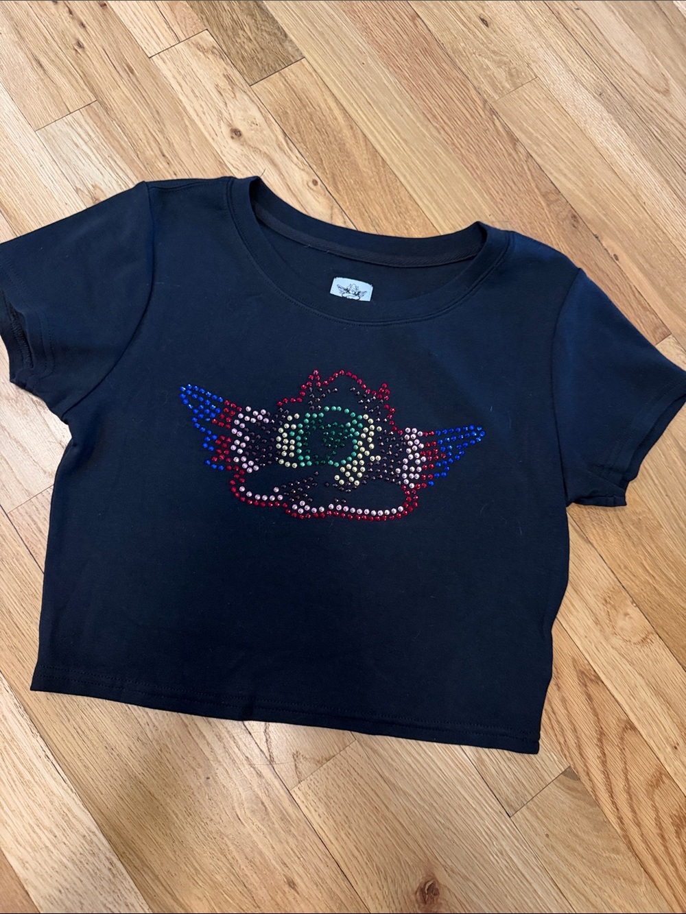 Boys Lie Black Crop Top with Multicolor Gem Wing Motif